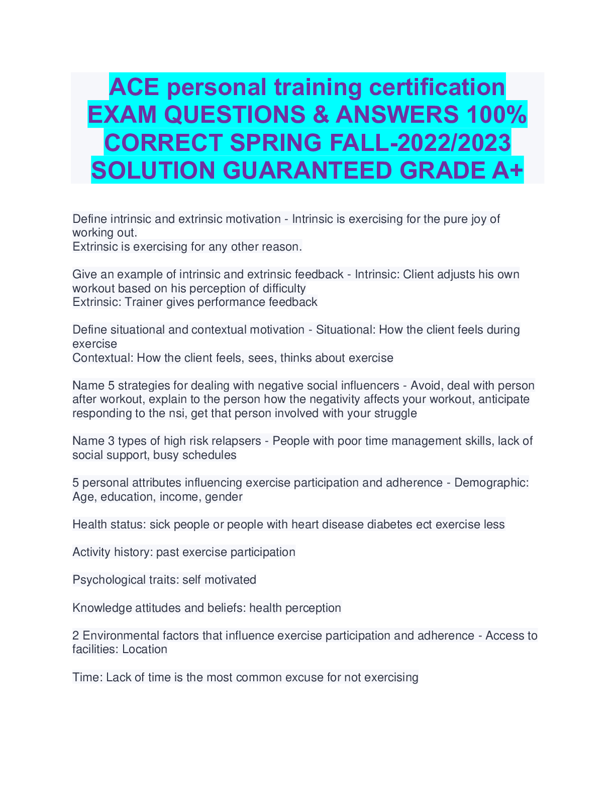 Preview of ACE personal training certification EXAM QUESTIONS & ANSWERS 100% CORRECT SPRING FALL-2022